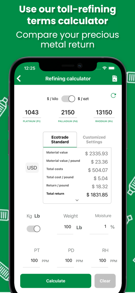 Eco Cat App refining calculator interface showing returns for platinum palladium and rhodium