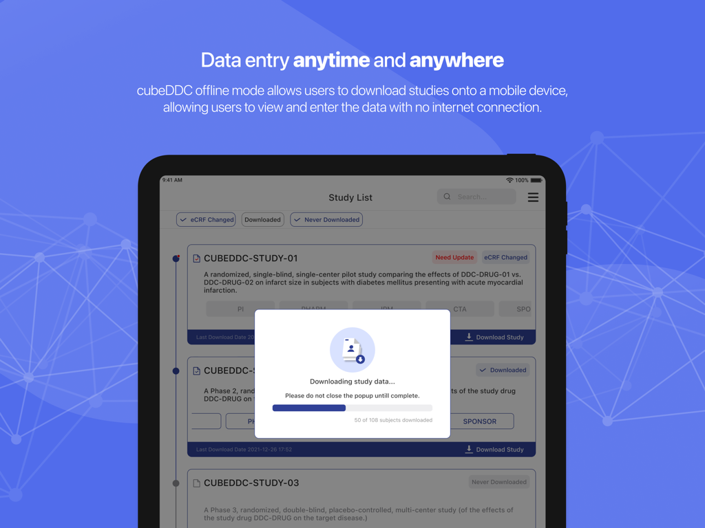 cubeDDC app on iPad showing study data downloading for offline clinical trial access