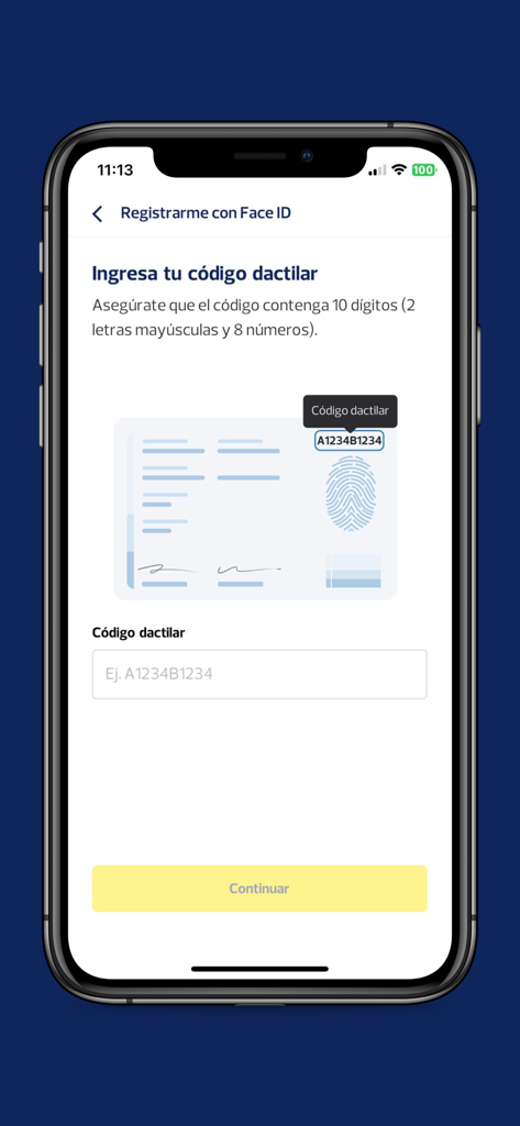 Pichincha Token App-Bildschirm zur Eingabe eines zehnstelligen Fingerabdruck-Sicherheitscodes während der Registrierung.