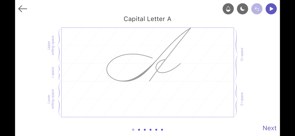 Calligraphy: Cursive Writing - Cursive capital letter A lesson with writing guides and grid lines in the calligraphy app