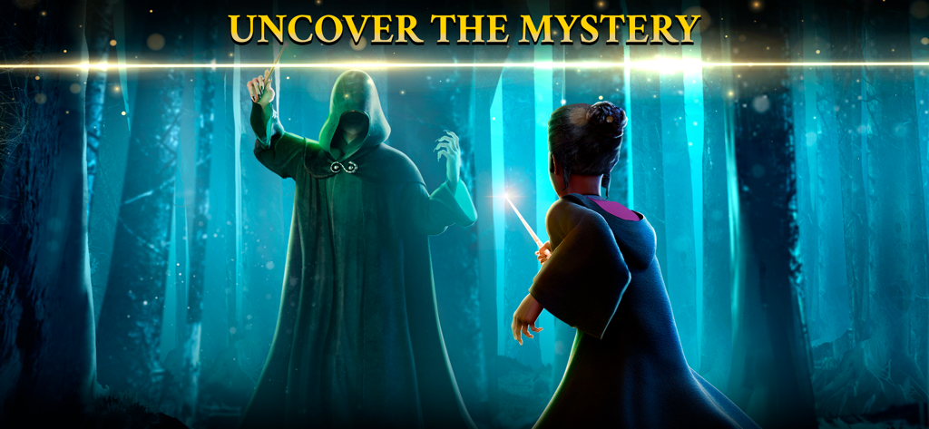 Harry Potter: Hogwarts Mystery - 暗い青い森の中で、生徒の魔法使いが謎のフードをかぶった人物と対峙し、「謎を解き明かせ」というテキストが表示されている様子