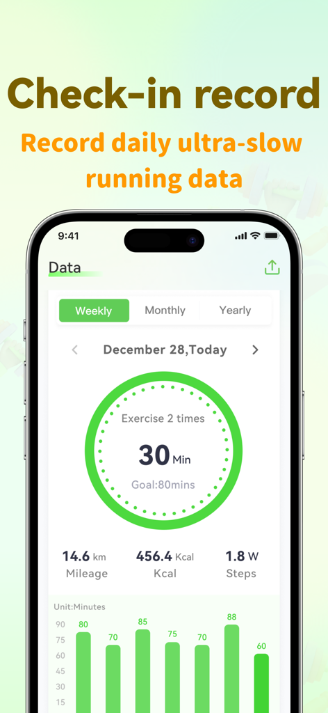 Slow Jogging Tracker &Timer - Affichage de l'application Slow Jogging Tracker montrant les progrès quotidiens de course et les données caloriques