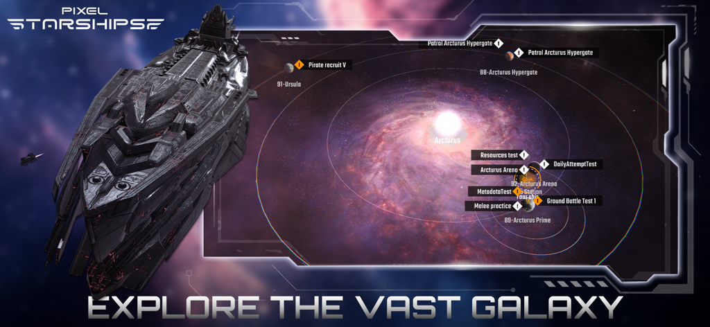 Pixel Starships 2 - Un grand vaisseau spatial montré à côté d'une carte de système stellaire orbital pour l'exploration galactique dans Pixel Starships 2