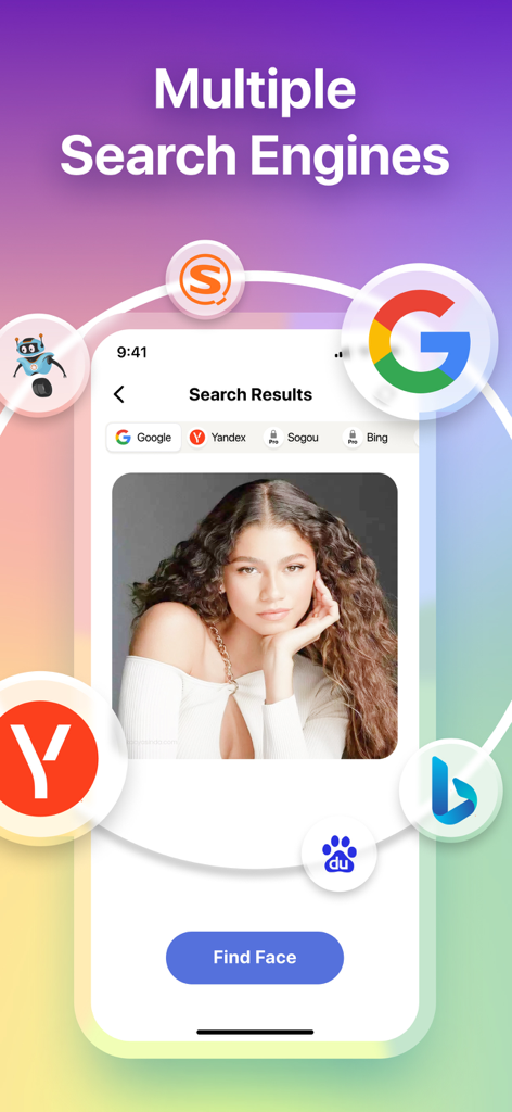 Finder – Reverse Image Search - Finder app interface showing reverse image search across multiple search engines with face recognition feature