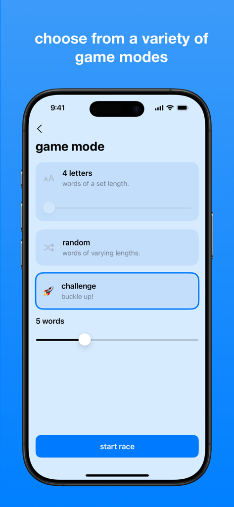 Qwerty - Typing Races - Qwertyタイピングレースアプリのゲームモード選択画面、4文字、ランダム、チャレンジモードのオプション付き