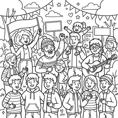 Dive into a vibrant gathering with this engaging coloring page, perfect for young artists. Featuring a cheerful crowd of people enjoying a festive day out, it's an ideal scene for creative expression.