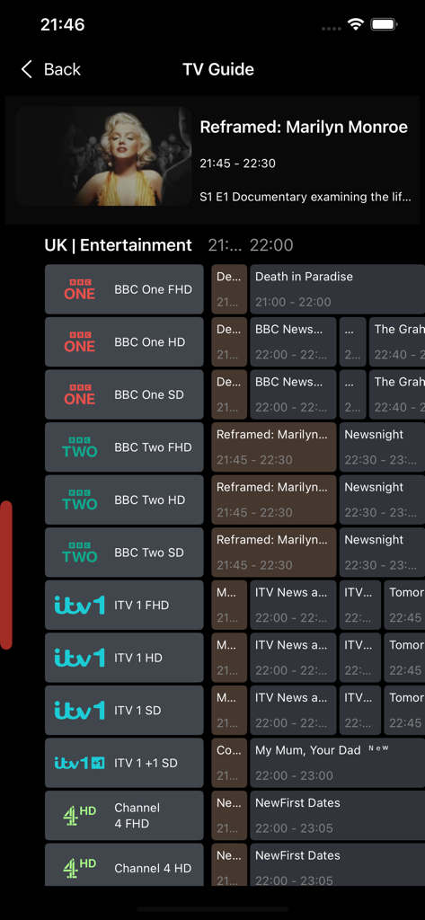 Snappier IPTV - Snappier IPTV app TV Guide interface showing channel schedules and program details on an iPhone.