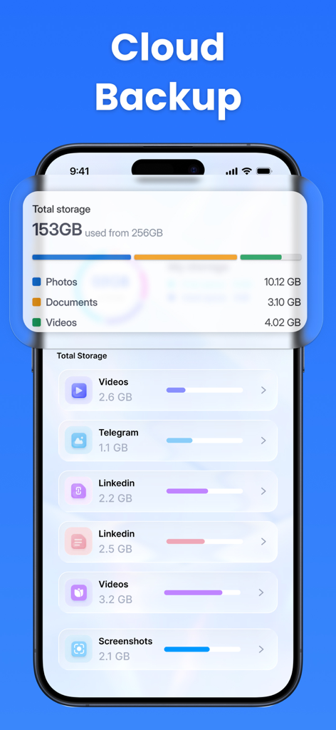 Two Factor Authentication App・ - 写真、ドキュメント、ビデオのクラウドバックアップストレージの使用状況を示すモバイルアプリインターフェース。