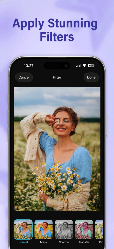 Gallery Vault - Hide Photos - A mobile interface showing various photo filters like mask and chrome applied to a picture of a woman in a flower field