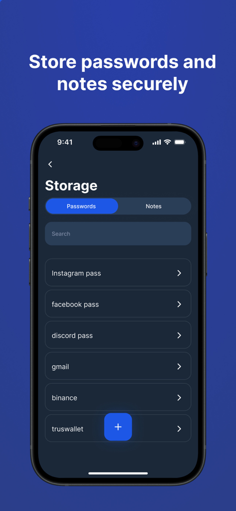 Security K - Una captura de pantalla de la interfaz de almacenamiento de contraseñas de la aplicación Security K en un iPhone, mostrando una lista de contraseñas de cuentas guardadas para servicios de redes sociales y finanzas.