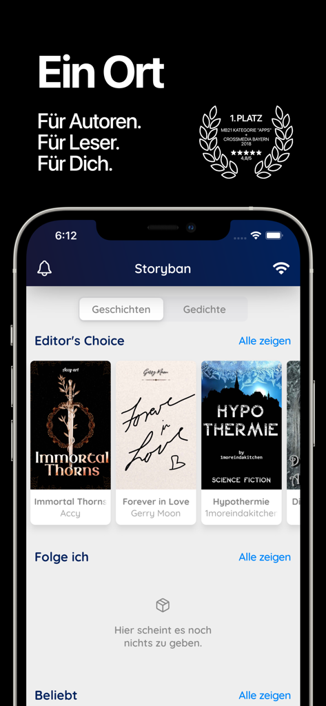 Storyban App Home-Bildschirm mit Buchcovern im Abschnitt 'Editors Choice'.