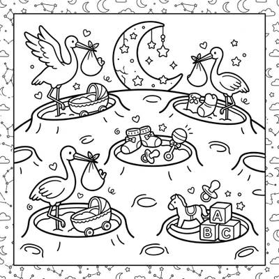 Blast off to a world of adorable baby celebrations with this unique lunar craters coloring page. Discover storks delivering bundles of joy and charming nursery items nestled within moon-inspired basins, perfect for a whimsical baby shower activity.