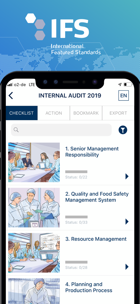 Interfaz de la aplicación IFS Audit Manager que muestra una lista de verificación de auditoría interna de calidad y seguridad alimentaria