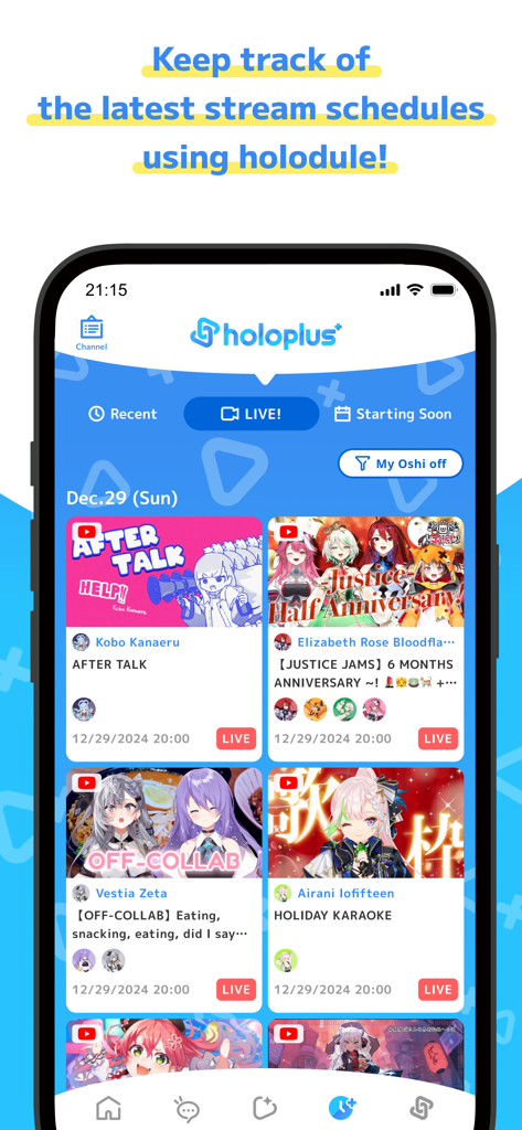 holoplus - Holoplus app interface showing the holodule feature with live VTuber stream schedules and thumbnails.
