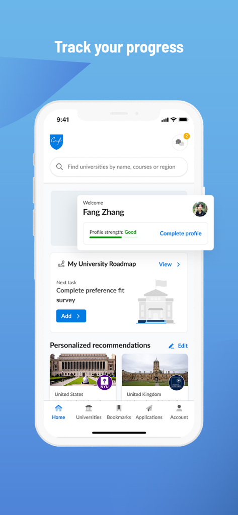 Cialfo - Tableau de bord de l'application mobile Cialfo affichant la force du profil de l'étudiant et la progression des candidatures universitaires