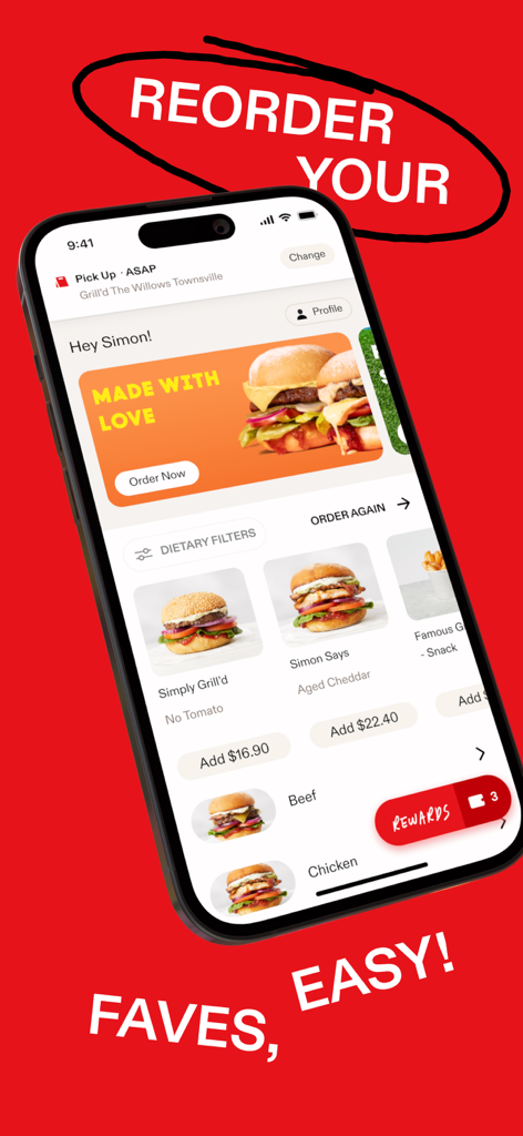 Grill'd mobile app interface showing the order again feature with burger options like Simply Grill'd and Simon Says.
