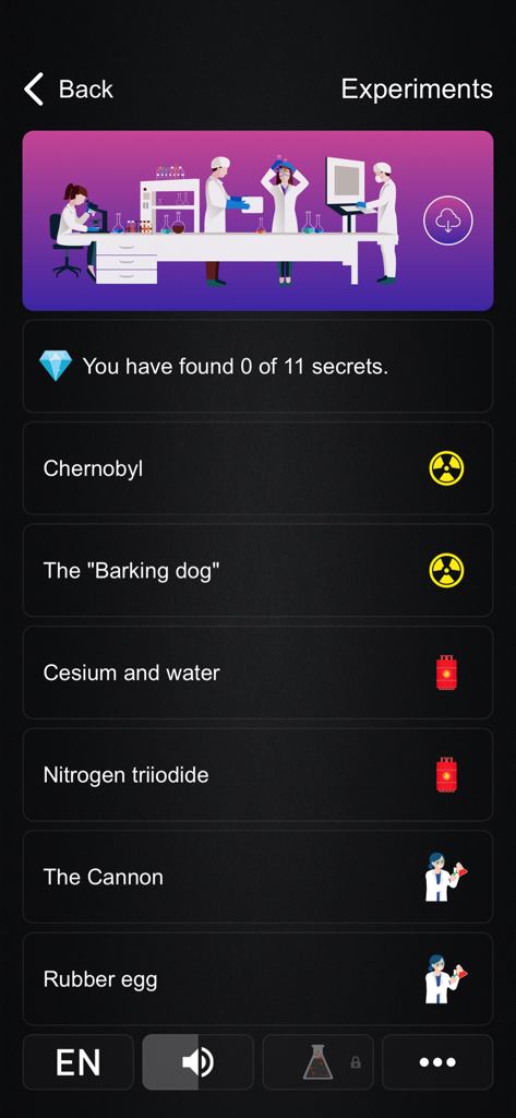 Periodic Table PRO - A menu screen of the Periodic Table PRO app showing a list of interactive chemistry experiments like Chernobyl and Cesium and water