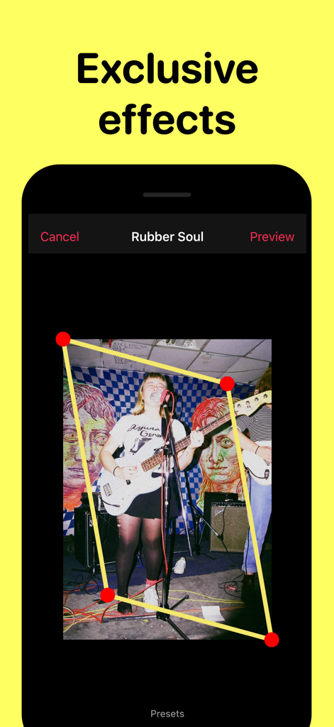 Tinge - Glow Cam - Interface do aplicativo Tinge exibindo o efeito vintage exclusivo Rubber Soul em uma foto de um músico