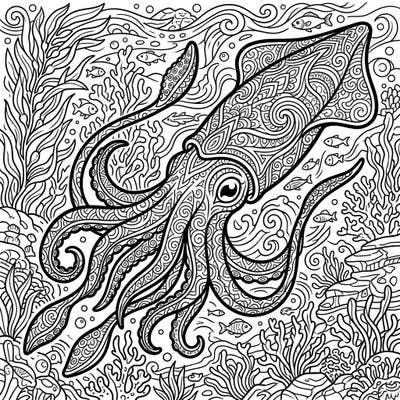 Explore the mysterious depths with this stunning Humboldt Squid adult coloring page. Its detailed patterns and vibrant underwater scene offer a unique and relaxing artistic challenge.
