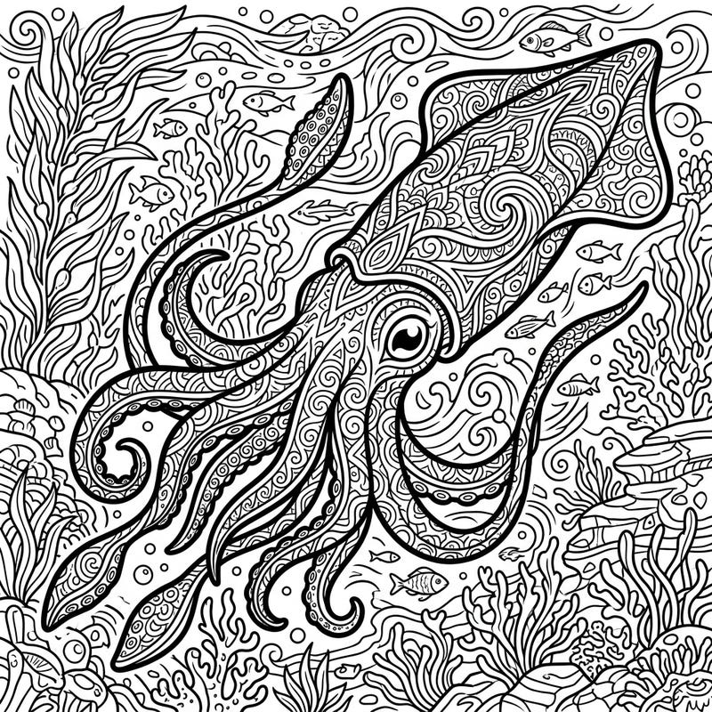 Explore the mysterious depths with this stunning Humboldt Squid adult coloring page. Its detailed patterns and vibrant underwater scene offer a unique and relaxing artistic challenge.