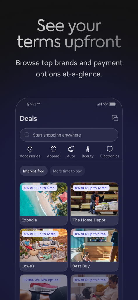 Affirm app interface showing shopping deals with 0 percent APR payment terms from brands like Expedia and Home Depot