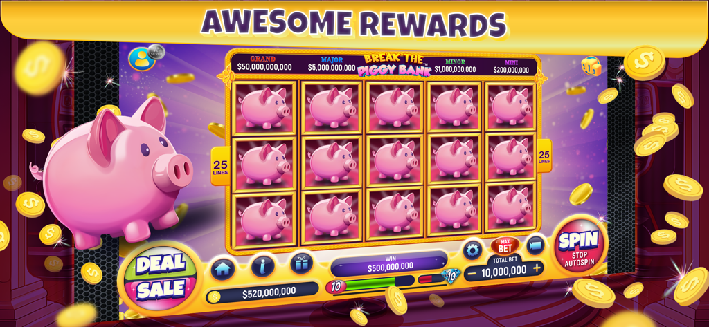 NG Slot - Vegas Casino Games - NG Slot Vegas Casino 앱 화면으로 Break the Piggy Bank 슬롯 머신 보상을 보여줌