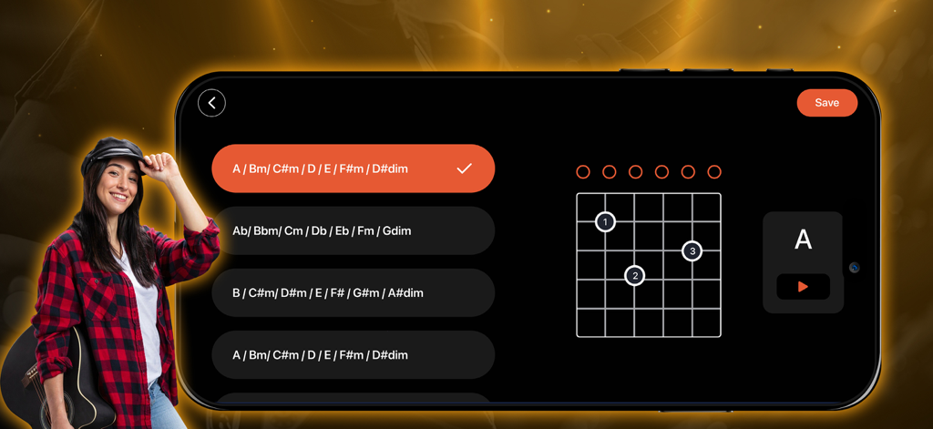 GuitarBase: Play, Learn Guitar - Interfaz de la aplicación GuitarBase con un diagrama de acordes de guitarra y selecciones de progresión para practicar.