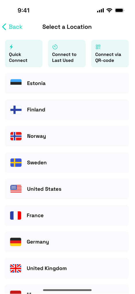 DVPN app interface showing a list of VPN server locations by country including Estonia Finland and the United States