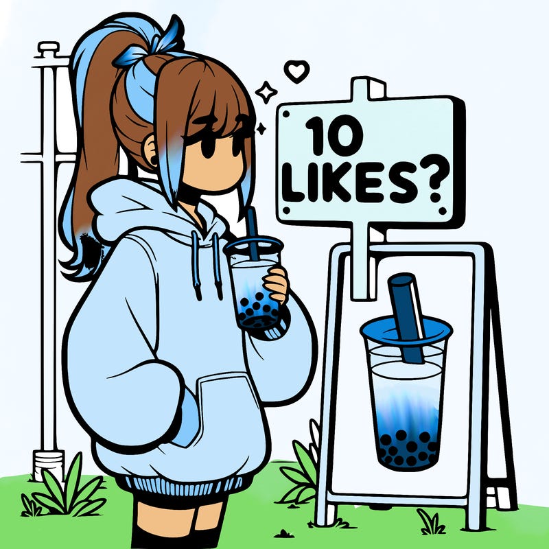 girl with oversized hoodie drinking boba and she has a high ponytail with a sign that says 10likes?