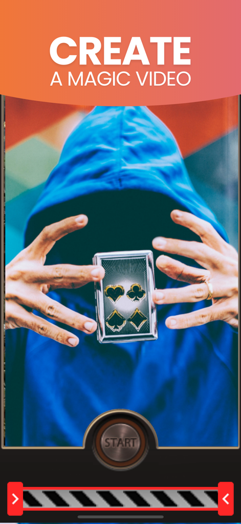 Reverse Video FX: Rewind Movie - Uma pessoa de moletom azul realiza um truque de mágica com cartas na interface do aplicativo Reverse Video FX