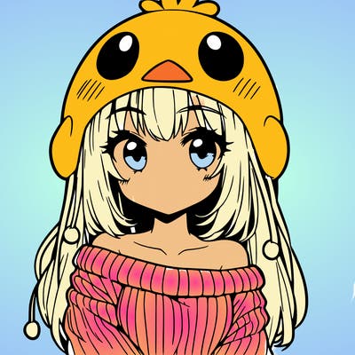 anime girl with chick shaped hat with sweater with bare shoulders with bangs covering them one eye with low tail