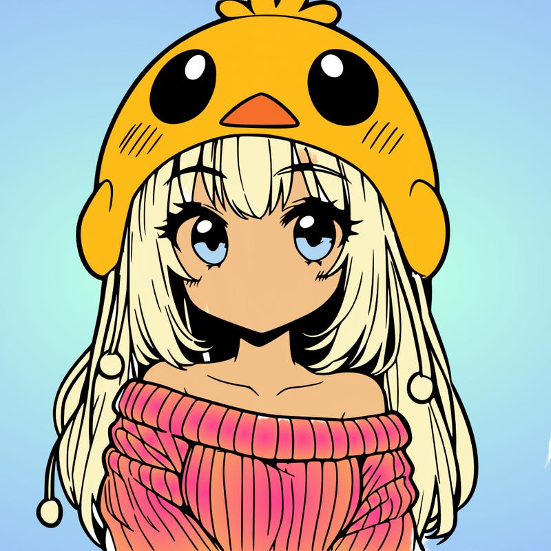 anime girl with chick shaped hat with sweater with bare shoulders with bangs covering them one eye with low tail