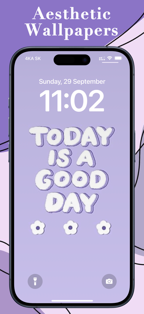 Cute Wallpapers for Girls 4K - A purple aesthetic iPhone lock screen wallpaper with the quote Today is a good day and flower icons