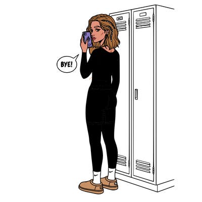 girl in tang top with non boot uggs with nike socks biker shorts short wavy hair with random braids in it. a necklace earrings a belly button ring.  short on her phone on call while bye her locker and earpods