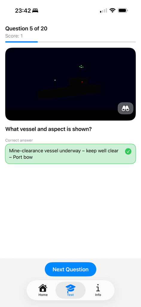 Maritime Master - Nav Lights - Pantalla de cuestionario en la aplicación Maritime Master mostrando luces de navegación para una embarcación de desminado.