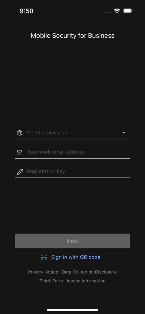 Tela de login e registro para o aplicativo Trend Micro Mobile Security for Business