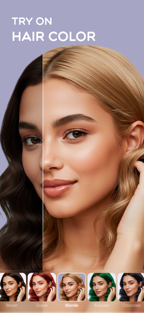 Faceon: Photo Editor & Effects - A split-screen comparison showing a woman trying on dark and blonde hair colors in the Faceon photo editor app