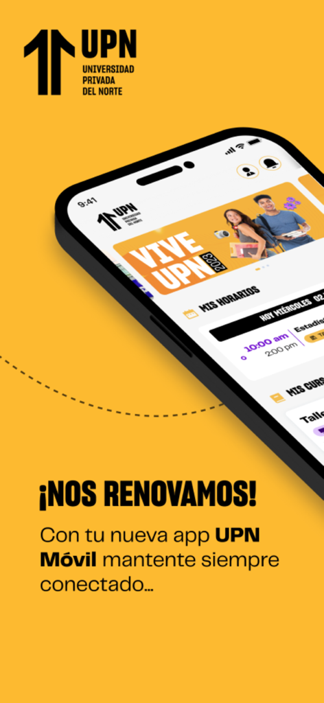 UPN Móvil - Smartphone mostrando la interfaz de la app UPN Movil con horarios de estudiantes y la marca de la universidad sobre un fondo amarillo