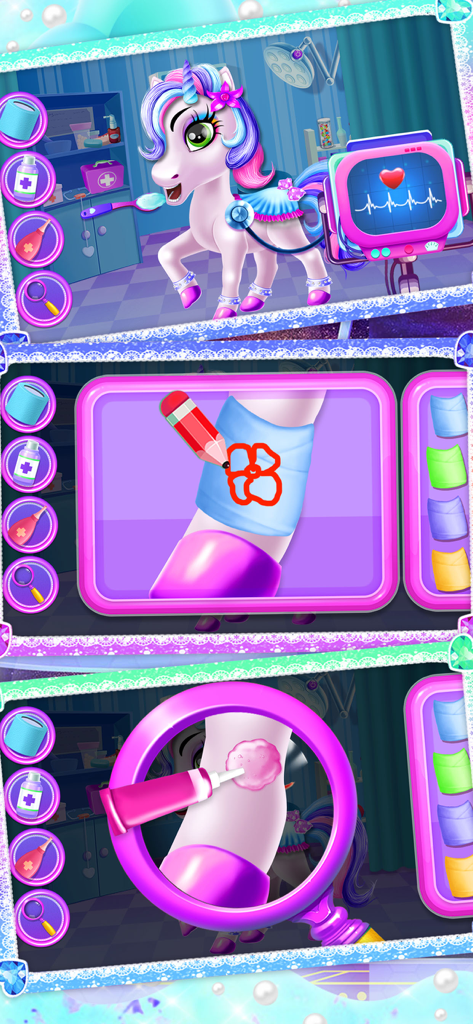 Pony Dress up - Pony Games - Gameplay screenshots showing the Pony Doctor level where players treat a unicorn and decorate bandages.