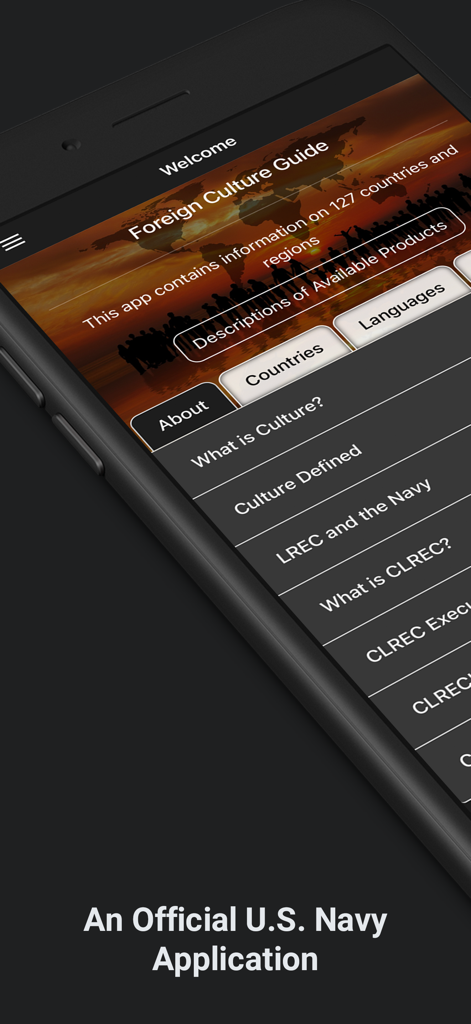 Foreign Culture Guide - Welcome screen of the Foreign Culture Guide app featuring a list of cultural and language training resources for the US Navy.
