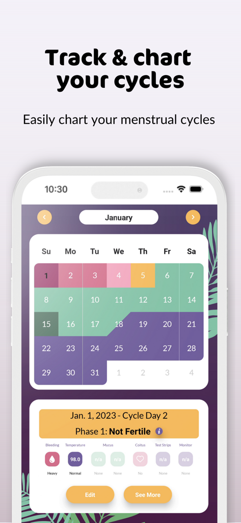 Interface of the PeakDay Fertility Tracker app showing a color-coded menstrual cycle calendar and daily symptom tracking.