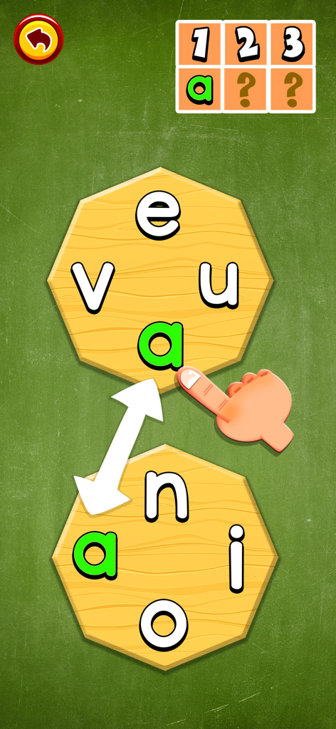 Kids Reading Games: ABC Dinos - Tela mostrando um jogo de correspondência de letras no ABC Dinos, onde os jogadores encontram vogais idênticas