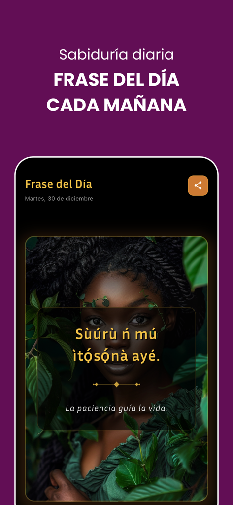 Yoruba App – Cultura Ifá - Captura de pantalla de Yoruba App mostrando la función de frase del día con una cita espiritual sobre la paciencia y un retrato artístico