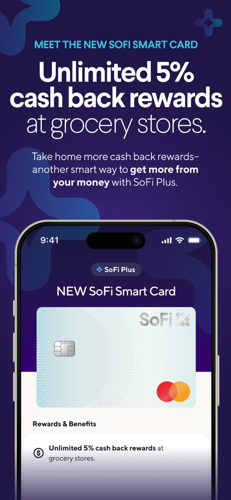 SoFi Smart Card interface with five percent cash back rewards at grocery stores