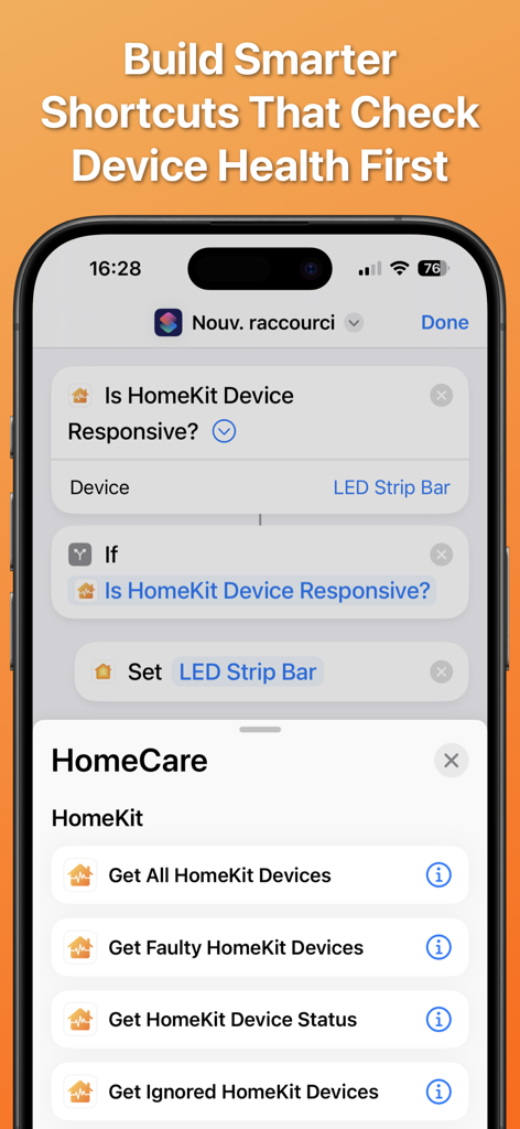 Screenshot of HomeCare app integration with Apple Shortcuts showing device health checks and diagnostic actions