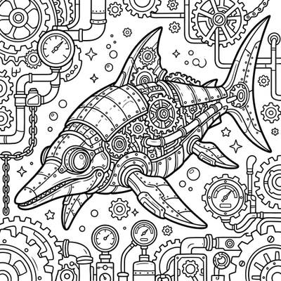 Unleash your creativity with this unique Steampunk Leptopterygius coloring page, blending ancient marine life with Victorian-era machinery. Explore a world of intricate gears, pipes, and fascinating details ready for your artistic touch.