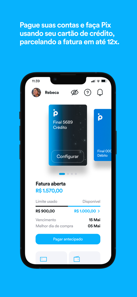 Interface of Banco PAN app showing credit card bill details and payment options in Portuguese