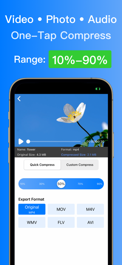 花のビデオプレビューとエクスポート形式オプションを備えた、ビデオ圧縮設定のモバイルアプリインターフェース