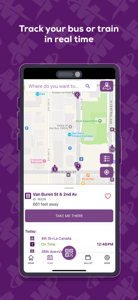 Valley Metro app interface showing real time bus and train tracking on a city map in Phoenix