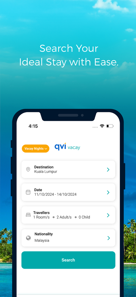 QVI Vacay - Interfaz de búsqueda de la aplicación QVI Vacay que muestra opciones de destino, fecha y viajeros